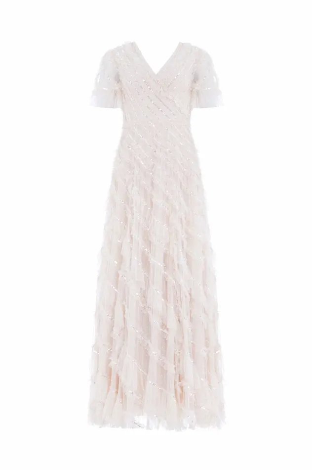 Needle and Thread Spiral Sequin VNeck Ankle Gown Champagne Women Embellished Dresses