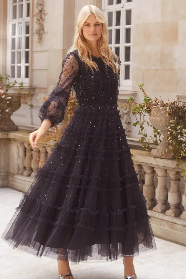 Needle and Thread Violet Shimmer Ankle Gown Black Women Embellished Dresses
