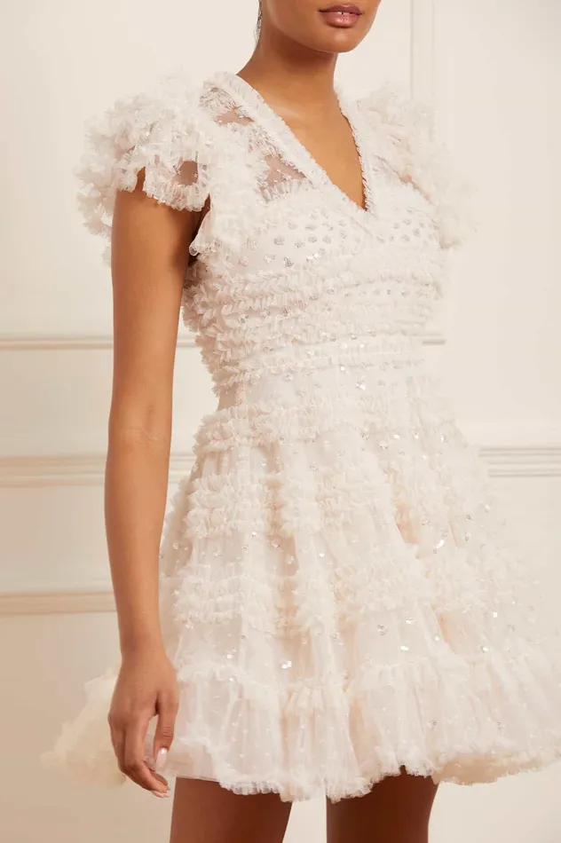 Needle and Thread Vivian VNeck Micro Mini Dress Champagne Women Embellished Dresses