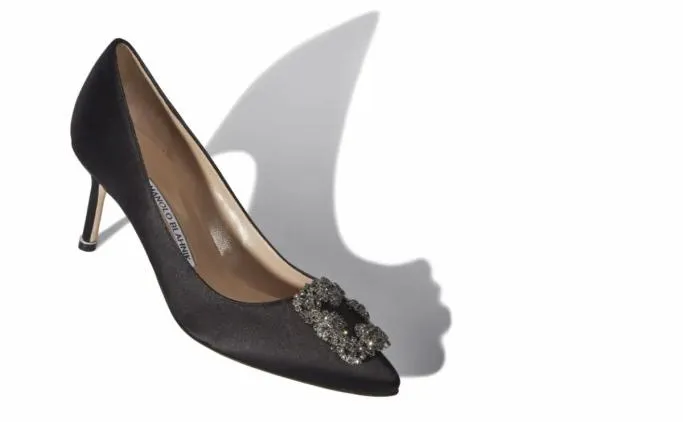 Pumps Women Manolo Blahnik HANGISI 70Black Satin Jewel Buckle Pumps