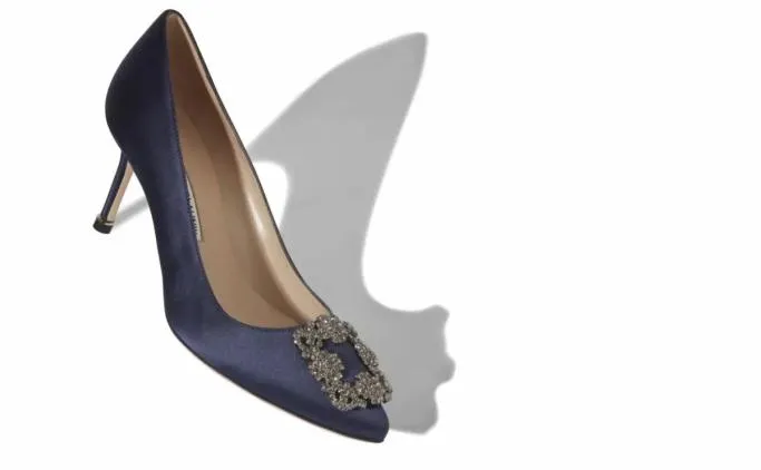 Pumps Women Manolo Blahnik HANGISI 70Navy Blue Satin Jewel Buckle Pumps