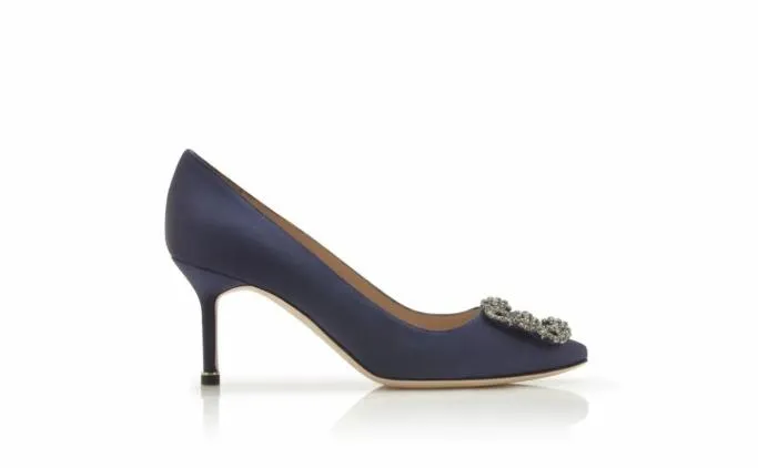 Pumps Women Manolo Blahnik HANGISI 70Navy Blue Satin Jewel Buckle Pumps Pumps Women Manolo Blahnik HANGISI 70Navy Blue Satin Jewel Buckle Pumps
