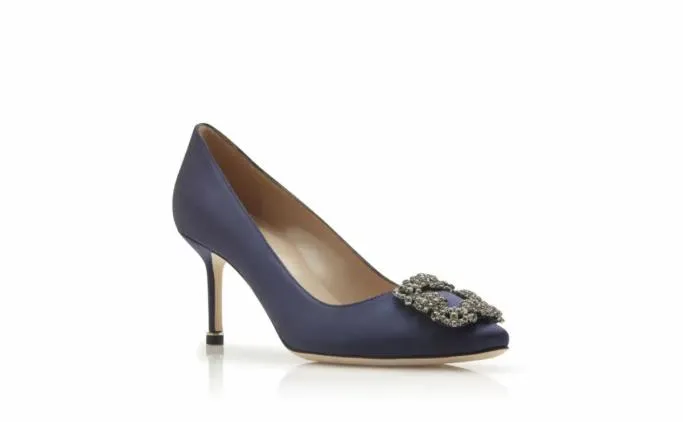 Pumps Women Manolo Blahnik HANGISI 70Navy Blue Satin Jewel Buckle Pumps Pumps Women Manolo Blahnik HANGISI 70Navy Blue Satin Jewel Buckle Pumps