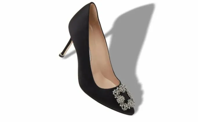 Pumps Women Manolo Blahnik HANGISI 90Black Satin Jewel Buckle Pumps
