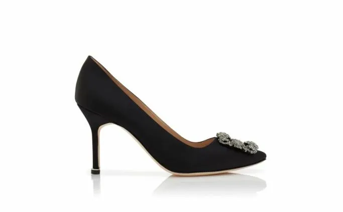 Pumps Women Manolo Blahnik HANGISI 90Black Satin Jewel Buckle Pumps Pumps Women Manolo Blahnik HANGISI 90Black Satin Jewel Buckle Pumps
