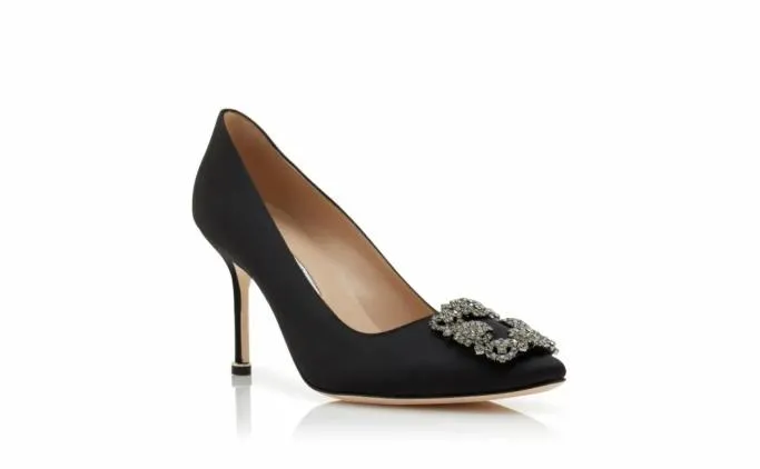 Pumps Women Manolo Blahnik HANGISI 90Black Satin Jewel Buckle Pumps Pumps Women Manolo Blahnik HANGISI 90Black Satin Jewel Buckle Pumps