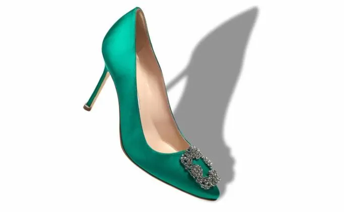 Pumps Women Manolo Blahnik HANGISI 90Green Satin Jewel Buckle Pumps