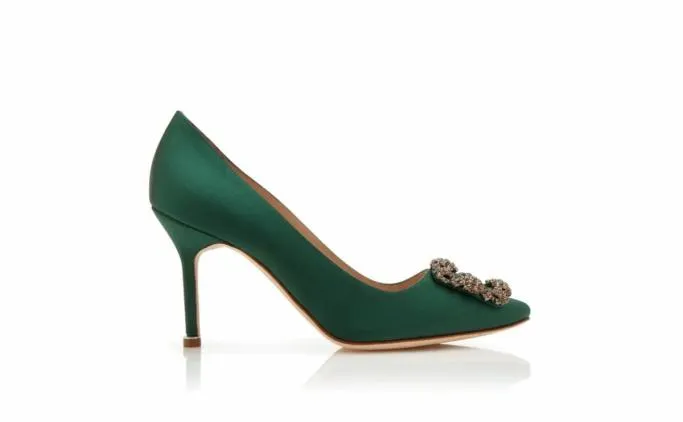Pumps Women Manolo Blahnik HANGISI 90Green Satin Jewel Buckle Pumps Pumps Women Manolo Blahnik HANGISI 90Green Satin Jewel Buckle Pumps