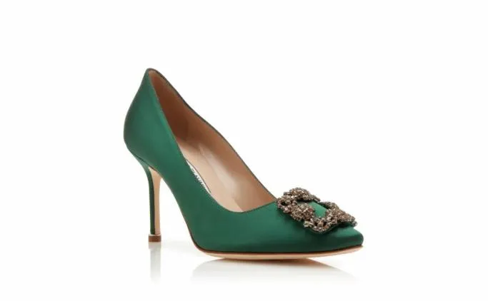 Pumps Women Manolo Blahnik HANGISI 90Green Satin Jewel Buckle Pumps Pumps Women Manolo Blahnik HANGISI 90Green Satin Jewel Buckle Pumps