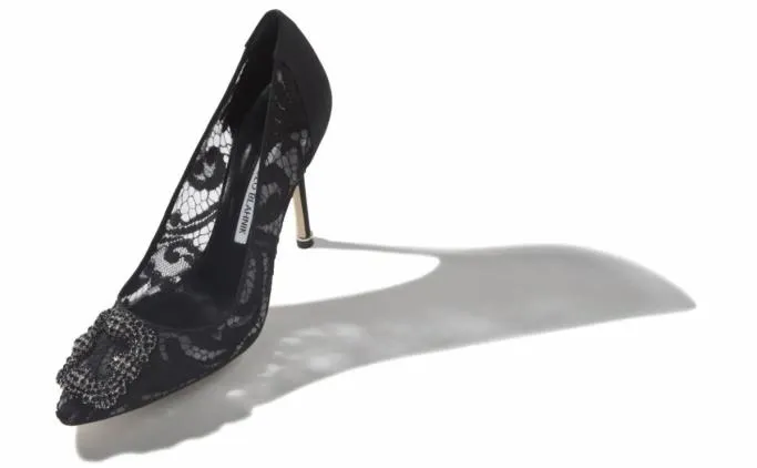 Pumps Women Manolo Blahnik HANGISI LACEBlack Lace Jewel Buckle Pumps