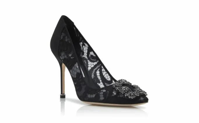 Pumps Women Manolo Blahnik HANGISI LACEBlack Lace Jewel Buckle Pumps Pumps Women Manolo Blahnik HANGISI LACEBlack Lace Jewel Buckle Pumps