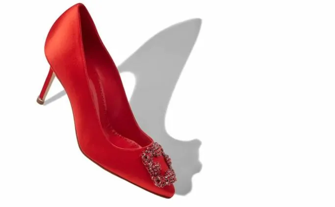Pumps Women Manolo Blahnik HANGISI RED 70Red Satin Jewel Buckle Pumps