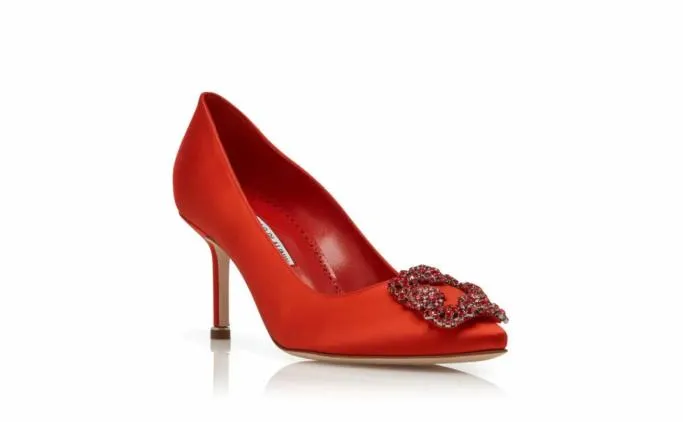 Pumps Women Manolo Blahnik HANGISI RED 70Red Satin Jewel Buckle Pumps Pumps Women Manolo Blahnik HANGISI RED 70Red Satin Jewel Buckle Pumps
