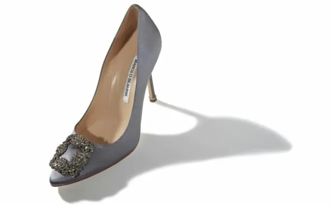 Pumps Women Manolo Blahnik HANGISIGrey Satin Jewel Buckle Pumps