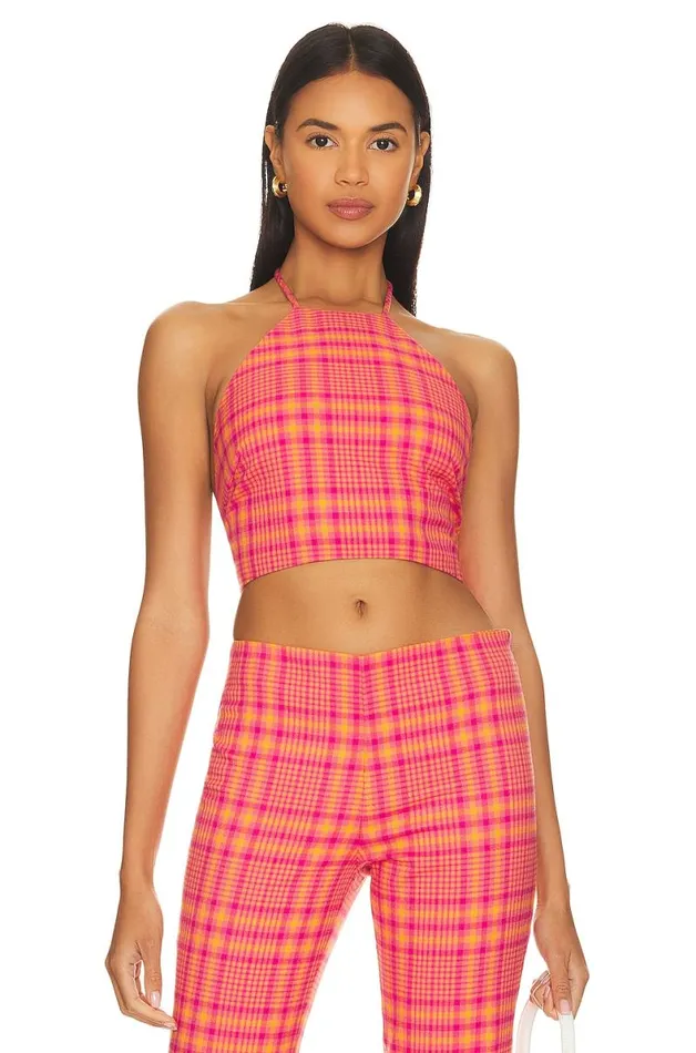 Rodeo Crop Top Pink and Orange Plaid Women Lovers and Friends Tops