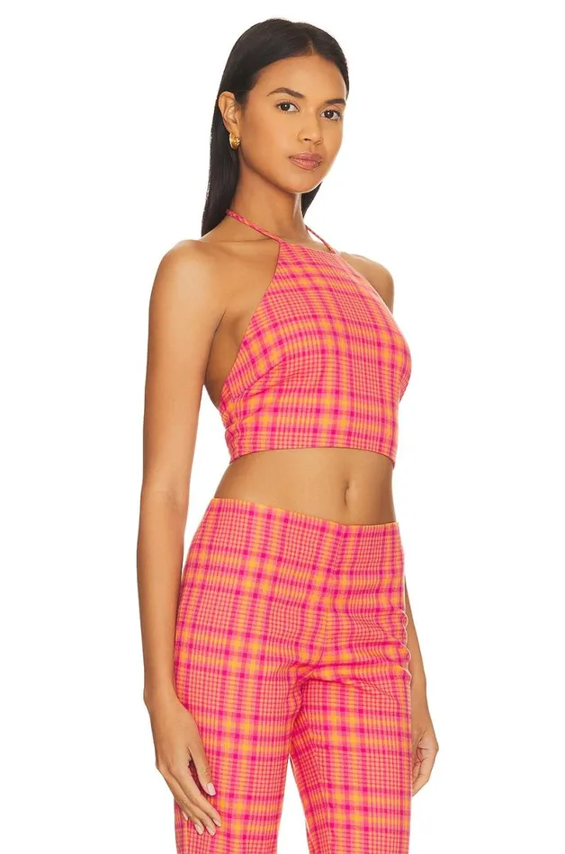 Rodeo Crop Top Pink and Orange Plaid Women Lovers and Friends Tops