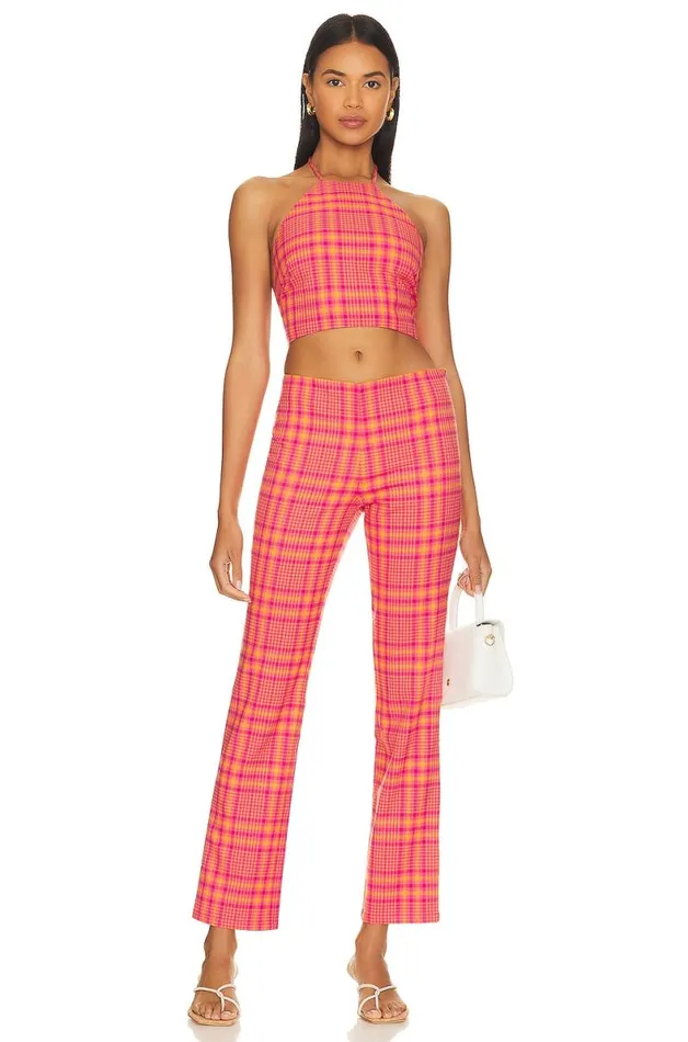 Rodeo Crop Top Pink and Orange Plaid Women Lovers and Friends Tops