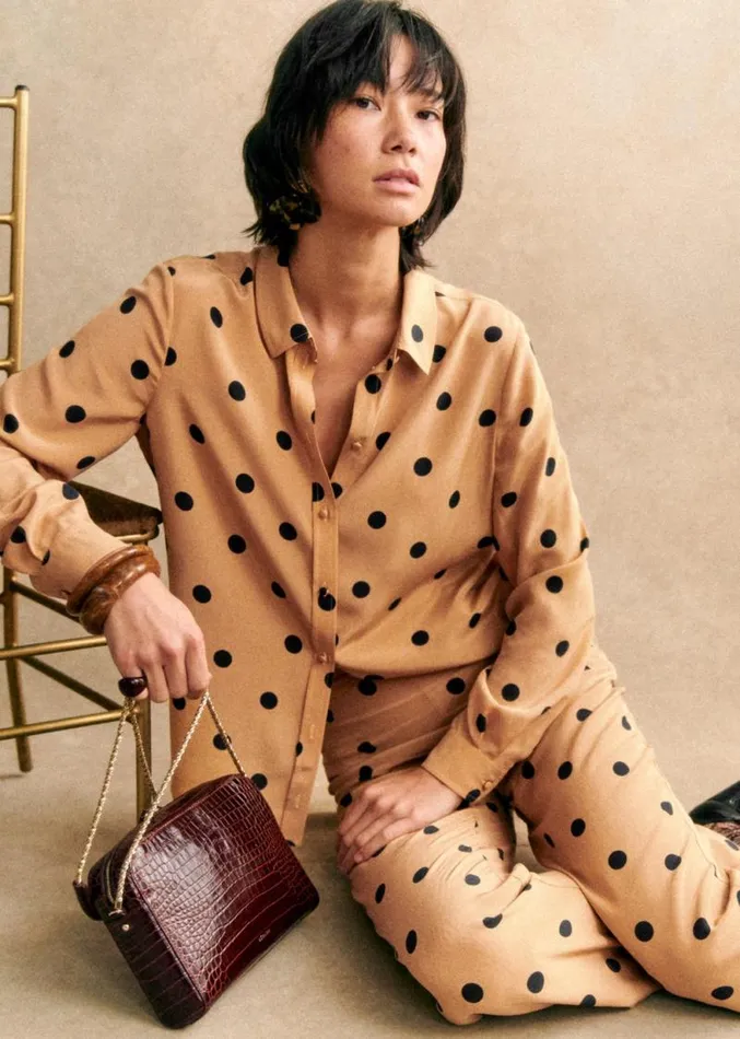 Szane Tops Womens Ann Shirt Beige Black Polka Dots
