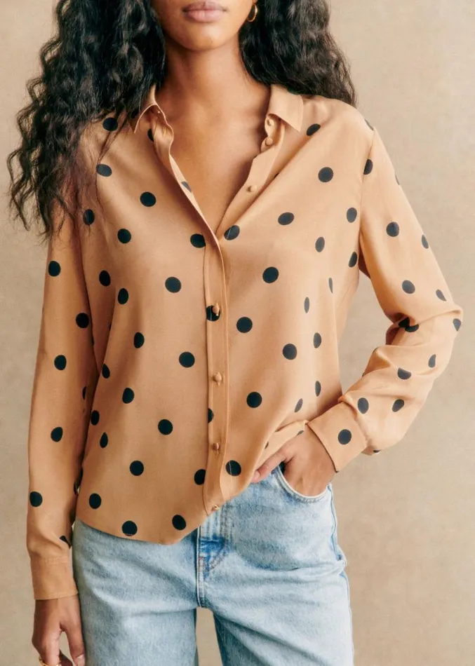 Szane Tops Womens Ann Shirt Beige Black Polka Dots