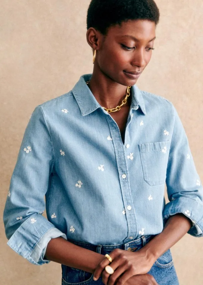 Szane Tops Womens Tomboy Shirt Embroidered Denim