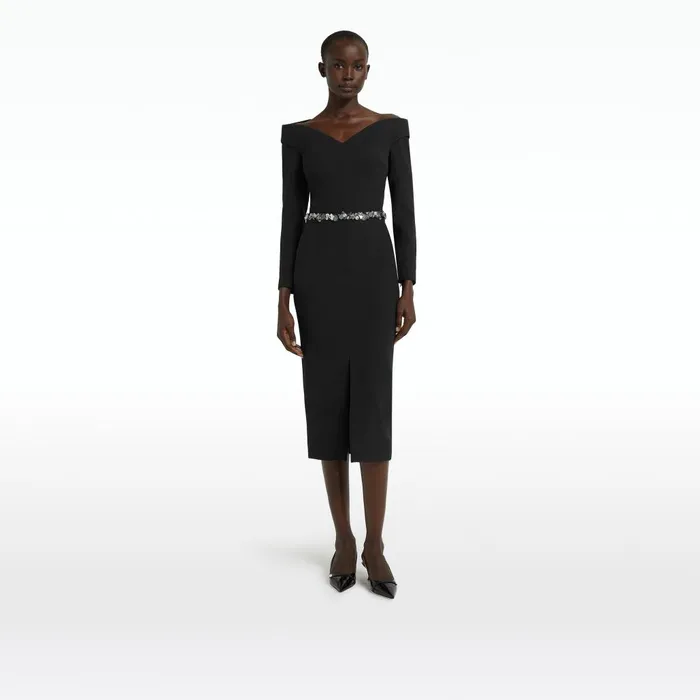 Safiyaa Asuman Black Midi Dress With Embroidered Belt Women Dresses