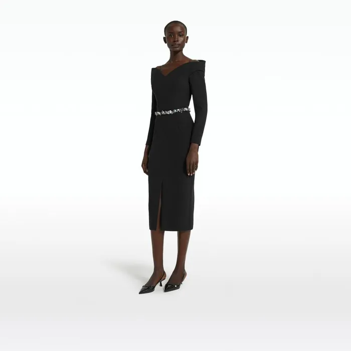 Safiyaa Asuman Black Midi Dress With Embroidered Belt Women Dresses