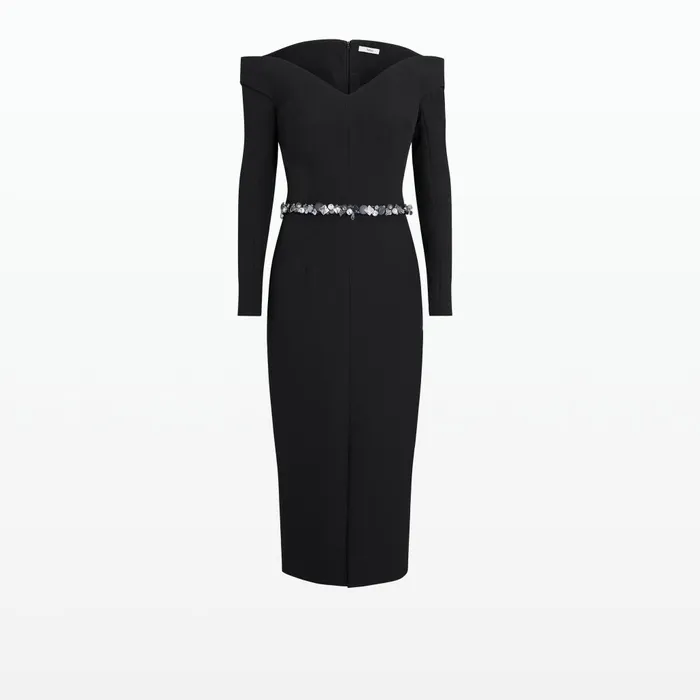 Safiyaa Asuman Black Midi Dress With Embroidered Belt Women Dresses