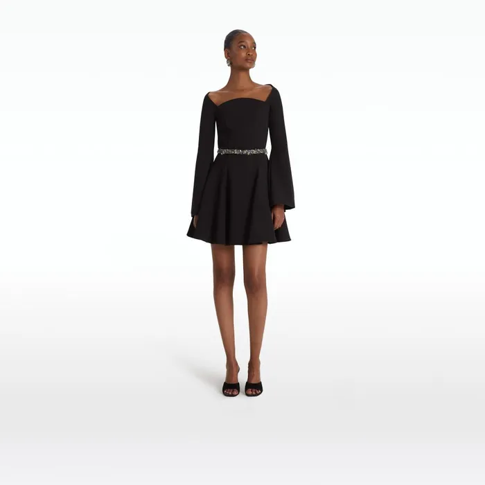 Safiyaa Aubrene Black Short Dress With Embroidered Belt Women Dresses