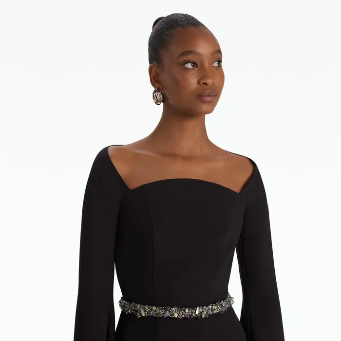 Safiyaa Aubrene Black Short Dress With Embroidered Belt Women Dresses