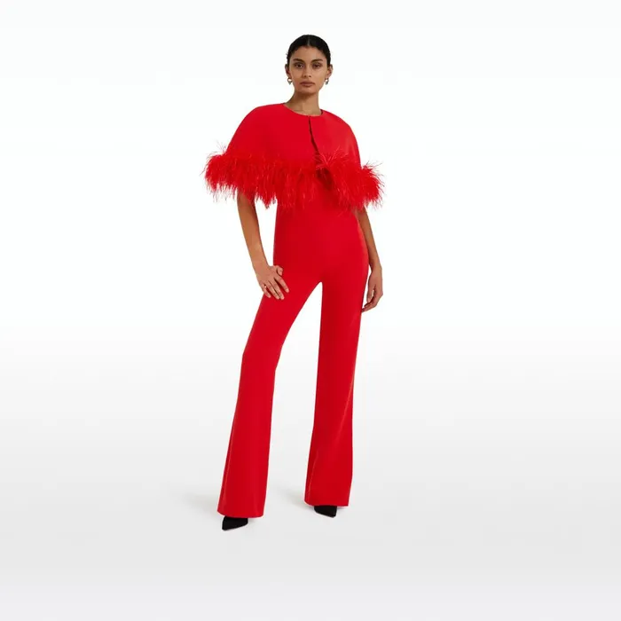 Safiyaa Kepuret Scarlet Red FeatherTrimmed Cape With Myrine Jumpsuit Women Jumpsuits Safiyaa Kepuret Scarlet Red FeatherTrimmed Cape With Myrine Jumpsuit Women Jumpsuits