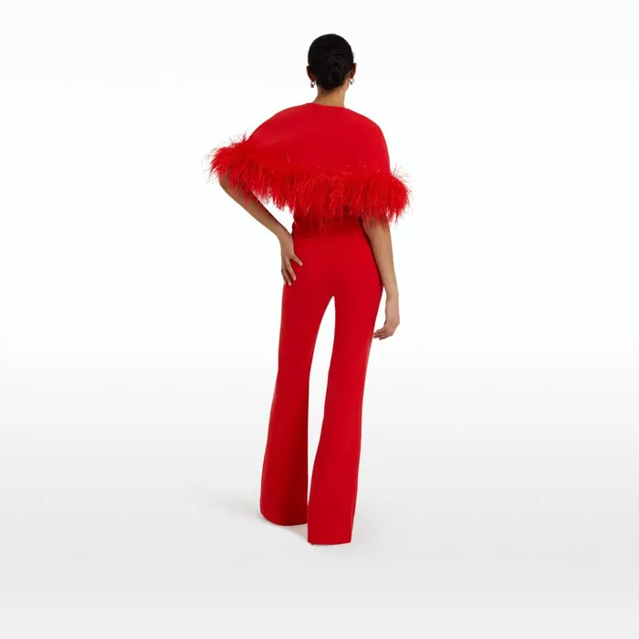Safiyaa Kepuret Scarlet Red FeatherTrimmed Cape With Myrine Jumpsuit Women Jumpsuits