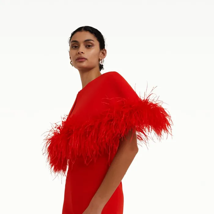 Safiyaa Kepuret Scarlet Red FeatherTrimmed Cape With Myrine Jumpsuit Women Jumpsuits