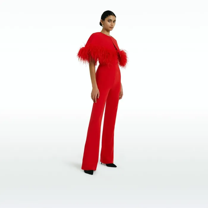 Safiyaa Kepuret Scarlet Red FeatherTrimmed Cape With Myrine Jumpsuit Women Jumpsuits