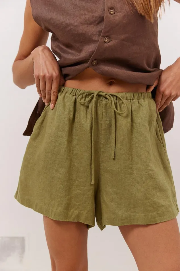 Sets Women VRG GRL Nettie Linen Shorts Olive Sets Women VRG GRL Nettie Linen Shorts Olive