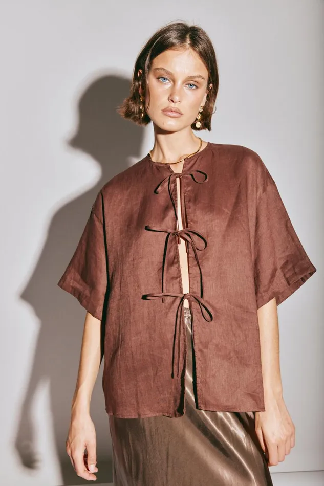 Short Sleeve Women VRG GRL Naomi Linen Smock Top Umber Short Sleeve Women VRG GRL Naomi Linen Smock Top Umber