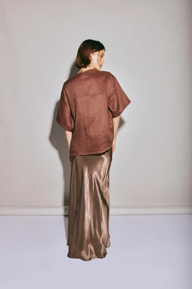Short Sleeve Women VRG GRL Naomi Linen Smock Top Umber Short Sleeve Women VRG GRL Naomi Linen Smock Top Umber
