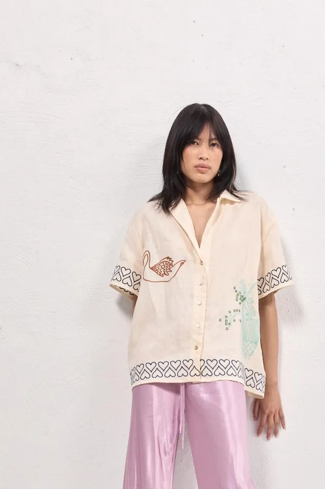 Short Sleeve Women VRG GRL Natalia Linen Shirt Cream