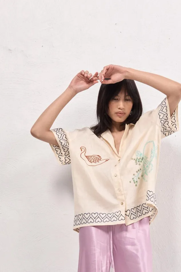 Short Sleeve Women VRG GRL Natalia Linen Shirt Cream Short Sleeve Women VRG GRL Natalia Linen Shirt Cream