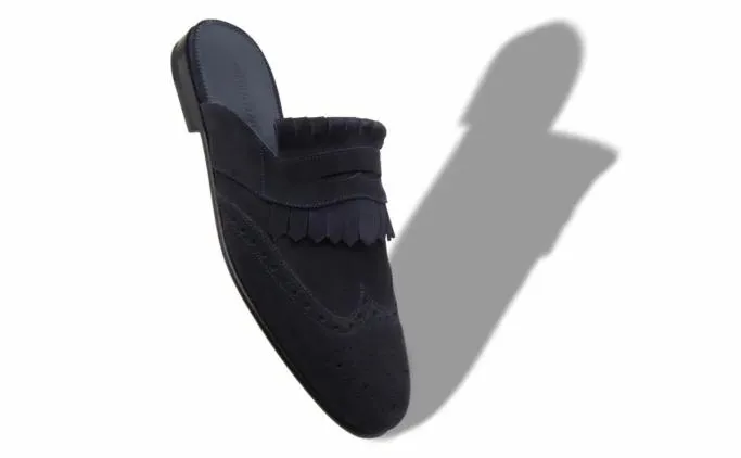 Slippers Men Manolo Blahnik DASIOMUNavy Blue Suede Kiltie Backless Loafers