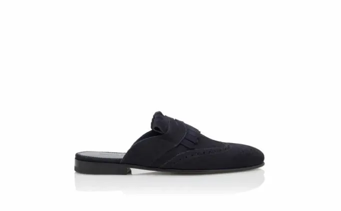 Slippers Men Manolo Blahnik DASIOMUNavy Blue Suede Kiltie Backless Loafers Slippers Men Manolo Blahnik DASIOMUNavy Blue Suede Kiltie Backless Loafers