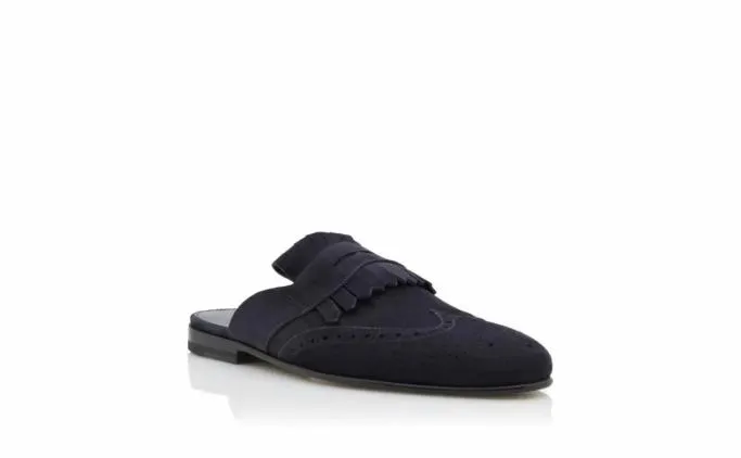 Slippers Men Manolo Blahnik DASIOMUNavy Blue Suede Kiltie Backless Loafers Slippers Men Manolo Blahnik DASIOMUNavy Blue Suede Kiltie Backless Loafers