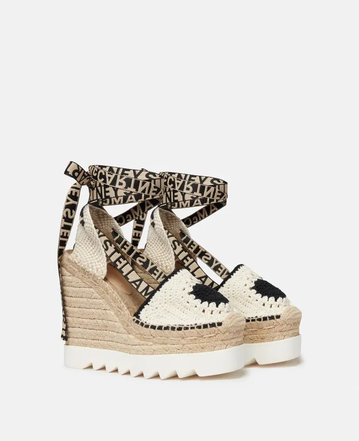 Stella McCartney Gaia Heart Crochet Wedge Espadrilles Ecrublack Women Wedges Stella McCartney Gaia Heart Crochet Wedge Espadrilles Ecrublack Women Wedges