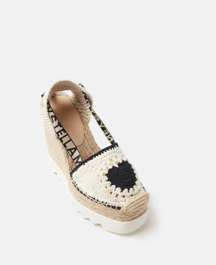 Stella McCartney Gaia Heart Crochet Wedge Espadrilles Ecrublack Women Wedges Stella McCartney Gaia Heart Crochet Wedge Espadrilles Ecrublack Women Wedges