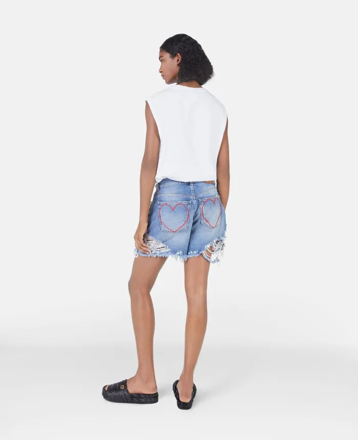 Stella McCartney Heart Embroidery Distressed Denim Shorts Blue Women Denim