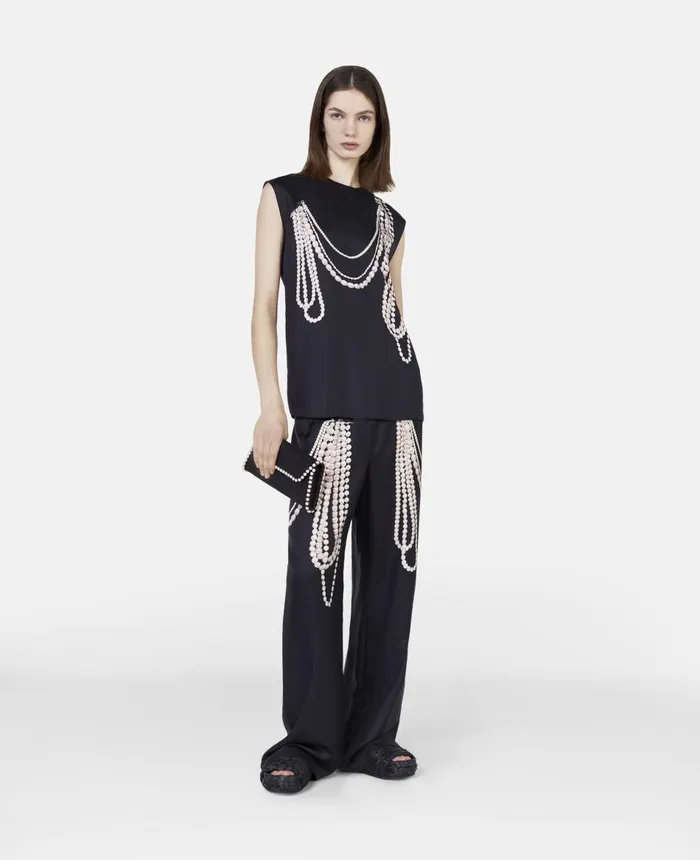 Stella McCartney Pearl Trompe Loeil Print Silk Wide Leg Trousers Black Women Trousers And Shorts Stella McCartney Pearl Trompe Loeil Print Silk Wide Leg Trousers Black Women Trousers And Shorts
