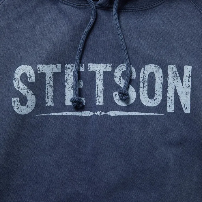 Sweaters and Hoodies Men Stetson Distressed Logo Hooded Sweatshirt Blue