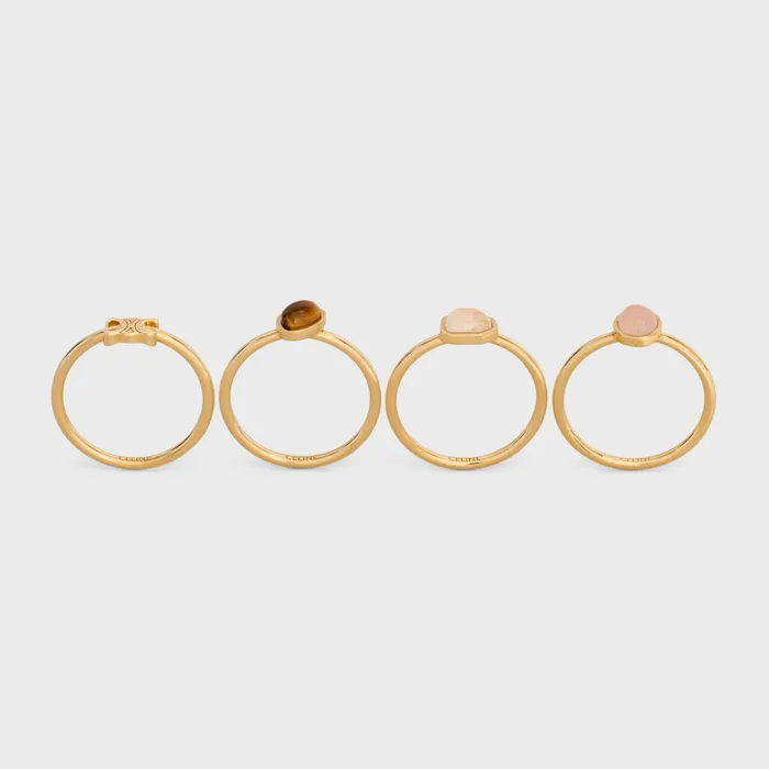 Triomphe Indie Set Of 4 Rings In Brass With Gold Finish Rutilated Quartz Pink Quartz And Tiger Eye Gold and Multicolour Women CELINE TRIOMPHE