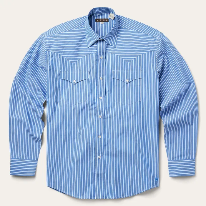 Western Shirts Men Stetson Blue Western Stripe Shirt Blue