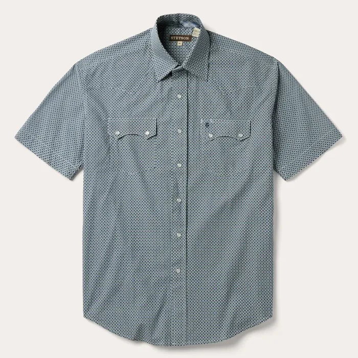 Western Shirts Men Stetson Circle Diamond Print Short Sleeve Western Shirt Green Western Shirts Men Stetson Circle Diamond Print Short Sleeve Western Shirt Green