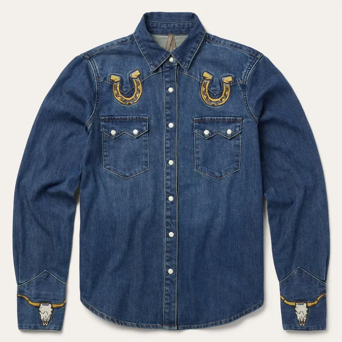 Western Shirts Women Stetson Embroidered Dark Denim Western Shirt Blue